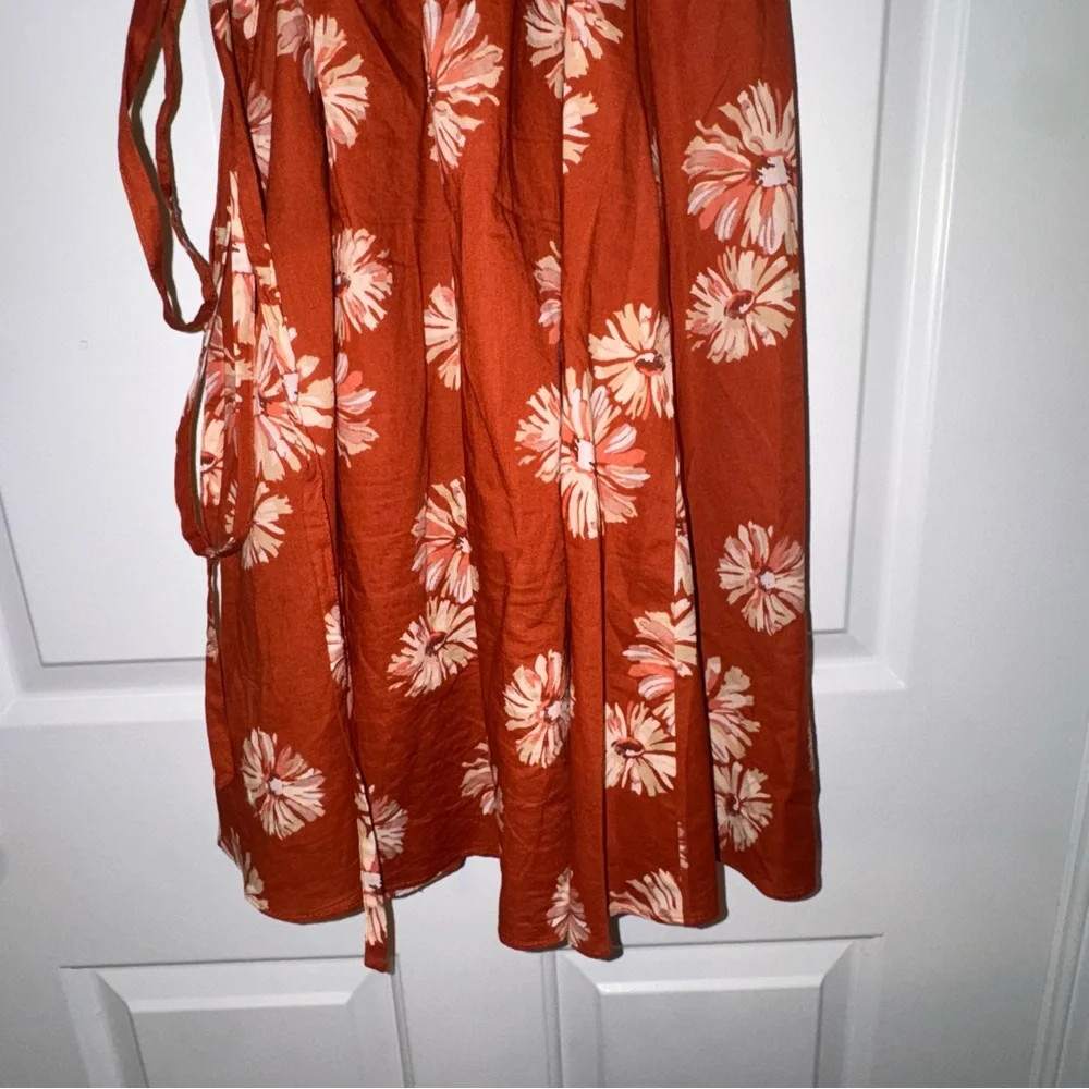 Madewell Floral Print Wrap Cotton V-Neck Mini Dress Rusty Torch dark orange S - Picture 12 of 16
